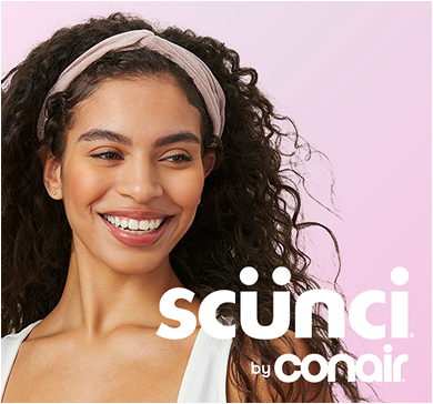 Woman wearing headbands smile against a light pink background next to the scünci by Conair logo.
